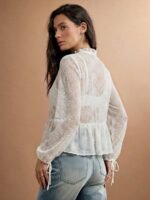 Elorivane Women Sheer Dot Mesh Mock Neck Top, Bow Tie Front Ruffle Peplum Long Sleeve Boho Fall Winter Casual Shirt - Image 26