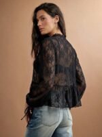 Elorivane Women Sheer Dot Mesh Mock Neck Top, Bow Tie Front Ruffle Peplum Long Sleeve Boho Fall Winter Casual Shirt - Image 31