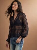 Elorivane Women Sheer Dot Mesh Mock Neck Top, Bow Tie Front Ruffle Peplum Long Sleeve Boho Fall Winter Casual Shirt - Image 32