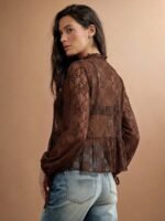 Elorivane Women Sheer Dot Mesh Mock Neck Top, Bow Tie Front Ruffle Peplum Long Sleeve Boho Fall Winter Casual Shirt - Image 21