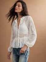 Elorivane Women Sheer Dot Mesh Mock Neck Top, Bow Tie Front Ruffle Peplum Long Sleeve Boho Fall Winter Casual Shirt - Image 27