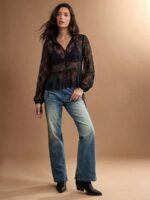 Elorivane Women Sheer Dot Mesh Mock Neck Top, Bow Tie Front Ruffle Peplum Long Sleeve Boho Fall Winter Casual Shirt - Image 34