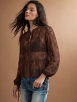 Elorivane Women Sheer Dot Mesh Mock Neck Top, Bow Tie Front Ruffle Peplum Long Sleeve Boho Fall Winter Casual Shirt - Image 22