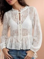 Elorivane Women Sheer Dot Mesh Mock Neck Top, Bow Tie Front Ruffle Peplum Long Sleeve Boho Fall Winter Casual Shirt - Image 28