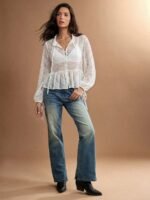 Elorivane Women Sheer Dot Mesh Mock Neck Top, Bow Tie Front Ruffle Peplum Long Sleeve Boho Fall Winter Casual Shirt - Image 29