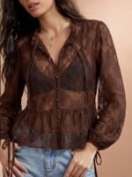 Elorivane Women Sheer Dot Mesh Mock Neck Top, Bow Tie Front Ruffle Peplum Long Sleeve Boho Fall Winter Casual Shirt - Image 23