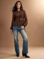 Elorivane Women Sheer Dot Mesh Mock Neck Top, Bow Tie Front Ruffle Peplum Long Sleeve Boho Fall Winter Casual Shirt - Image 24