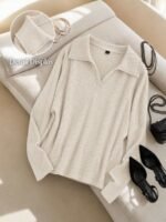 Elorivane Plus Size Orange Knit Top, Lace Patchwork Polo Collar Ruched Pullover, Autumn Office Holiday Casual Tee - Image 6
