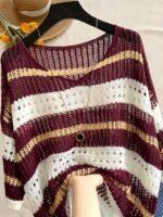 Elorivane Plus Size Contrast Striped Round Neck Knit Top Cutout Crochet Details Loose Fit for Spring Summer Casual Wear - Image 20