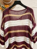 Elorivane Plus Size Contrast Striped Round Neck Knit Top Cutout Crochet Details Loose Fit for Spring Summer Casual Wear - Image 21