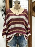 Elorivane Plus Size Contrast Striped Round Neck Knit Top Cutout Crochet Details Loose Fit for Spring Summer Casual Wear - Image 22
