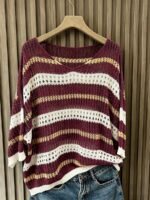 Elorivane Plus Size Contrast Striped Round Neck Knit Top Cutout Crochet Details Loose Fit for Spring Summer Casual Wear - Image 23