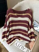 Elorivane Plus Size Contrast Striped Round Neck Knit Top Cutout Crochet Details Loose Fit for Spring Summer Casual Wear - Image 24