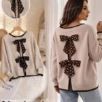 Elorivane Plus Size Beige Sweater, Polka Dot Ribbon Bow Round Neck Long Sleeve Pullover, Cute Elegant Autumn Winter Vacation Top
