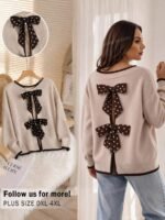 Elorivane Plus Size Beige Sweater, Polka Dot Ribbon Bow Round Neck Long Sleeve Pullover, Cute Elegant Autumn Winter Vacation Top