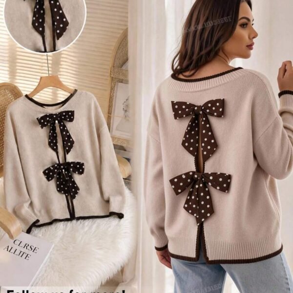 Elorivane Plus Size Beige Sweater, Polka Dot Ribbon Bow Round Neck Long Sleeve Pullover, Cute Elegant Autumn Winter Vacation Top