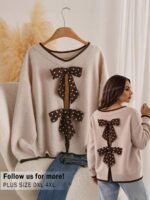 Elorivane Plus Size Beige Sweater, Polka Dot Ribbon Bow Round Neck Long Sleeve Pullover, Cute Elegant Autumn Winter Vacation Top - Image 4