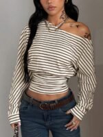 Elorivane Women Green Striped Asymmetrical Shoulder Top, Stretchy Long Sleeve Y2K Streetwear Tee - Image 16