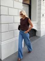 Elorivane French Vintage Brown Knit Vest | Retro Textured Plaid Round Neck Sleeveless Sweater Top - Image 10