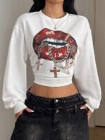 Elorivane Women Gray Solid Pleated Sweatshirt, Asymmetrical Neck Long Sleeve Grunge Fall Pullover - Image 8