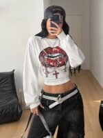 Elorivane Women Gray Solid Pleated Sweatshirt, Asymmetrical Neck Long Sleeve Grunge Fall Pullover - Image 11
