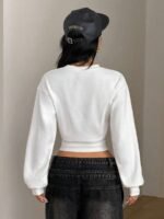 Elorivane Women Gray Solid Pleated Sweatshirt, Asymmetrical Neck Long Sleeve Grunge Fall Pullover - Image 12