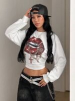 Elorivane Women Gray Solid Pleated Sweatshirt, Asymmetrical Neck Long Sleeve Grunge Fall Pullover - Image 13