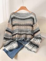 Elorivane Plus Size Blue White Striped Sweater, Hollow Out Boat Neck Cropped Long Sleeve, Fall Winter Loose Top - Image 20
