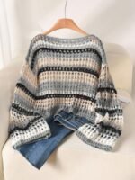 Elorivane Plus Size Blue White Striped Sweater, Hollow Out Boat Neck Cropped Long Sleeve, Fall Winter Loose Top - Image 21