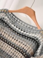 Elorivane Plus Size Blue White Striped Sweater, Hollow Out Boat Neck Cropped Long Sleeve, Fall Winter Loose Top - Image 22