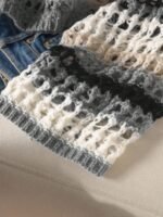 Elorivane Plus Size Blue White Striped Sweater, Hollow Out Boat Neck Cropped Long Sleeve, Fall Winter Loose Top - Image 23