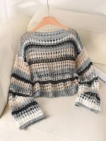 Elorivane Plus Size Blue White Striped Sweater, Hollow Out Boat Neck Cropped Long Sleeve, Fall Winter Loose Top - Image 26