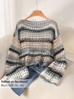 Elorivane Plus Size Blue White Striped Sweater, Hollow Out Boat Neck Cropped Long Sleeve, Fall Winter Loose Top - Image 27