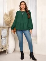 Elorivane Plus Size Kelly Green Blouse, Elegant Top for Office Tea Party Evening Fall Casual Wear - Image 11