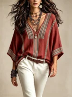 Elorivane Plus Size Women Burgundy Striped V-Neck Batwing Sleeve Blouse, Boho Vacation Top for Summer Autumn - Image 4