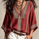 Elorivane Plus Size Women Burgundy Striped V-Neck Batwing Sleeve Blouse, Boho Vacation Top for Summer Autumn