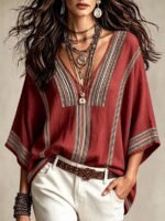 Elorivane Plus Size Women Burgundy Striped V-Neck Batwing Sleeve Blouse, Boho Vacation Top for Summer Autumn