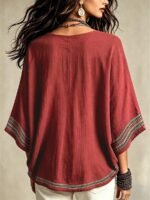 Elorivane Plus Size Women Burgundy Striped V-Neck Batwing Sleeve Blouse, Boho Vacation Top for Summer Autumn - Image 2