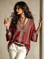 Elorivane Plus Size Women Burgundy Striped V-Neck Batwing Sleeve Blouse, Boho Vacation Top for Summer Autumn - Image 3