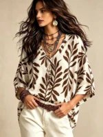 Elorivane Plus Size Women Burgundy Striped V-Neck Batwing Sleeve Blouse, Boho Vacation Top for Summer Autumn - Image 9
