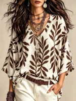 Elorivane Plus Size Women Burgundy Striped V-Neck Batwing Sleeve Blouse, Boho Vacation Top for Summer Autumn - Image 5