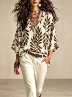 Elorivane Plus Size Women Burgundy Striped V-Neck Batwing Sleeve Blouse, Boho Vacation Top for Summer Autumn - Image 8