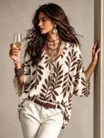 Elorivane Plus Size Women Burgundy Striped V-Neck Batwing Sleeve Blouse, Boho Vacation Top for Summer Autumn - Image 7