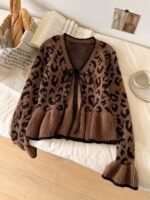 Elorivane Leopard Print Cardigan, Long Bell Sleeve Front Tie Bow Sweater, Brown Autumn Winter Daily Work Vacation Outerwear