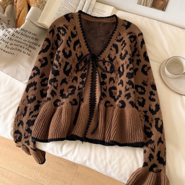 Elorivane Leopard Print Cardigan, Long Bell Sleeve Front Tie Bow Sweater, Brown Autumn Winter Daily Work Vacation Outerwear