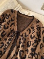 Elorivane Leopard Print Cardigan, Long Bell Sleeve Front Tie Bow Sweater, Brown Autumn Winter Daily Work Vacation Outerwear - Image 5