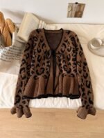 Elorivane Leopard Print Cardigan, Long Bell Sleeve Front Tie Bow Sweater, Brown Autumn Winter Daily Work Vacation Outerwear - Image 3