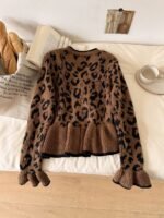 Elorivane Leopard Print Cardigan, Long Bell Sleeve Front Tie Bow Sweater, Brown Autumn Winter Daily Work Vacation Outerwear - Image 2