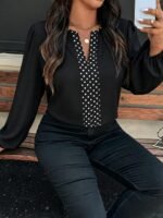 Elorivane Plus Size Leopard Print Contrast Collar V-Neck Shirt Loose Long Puff Sleeve for Winter Casual Commute Formal Evening Wear - Image 12