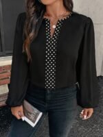 Elorivane Plus Size Leopard Print Contrast Collar V-Neck Shirt Loose Long Puff Sleeve for Winter Casual Commute Formal Evening Wear - Image 9